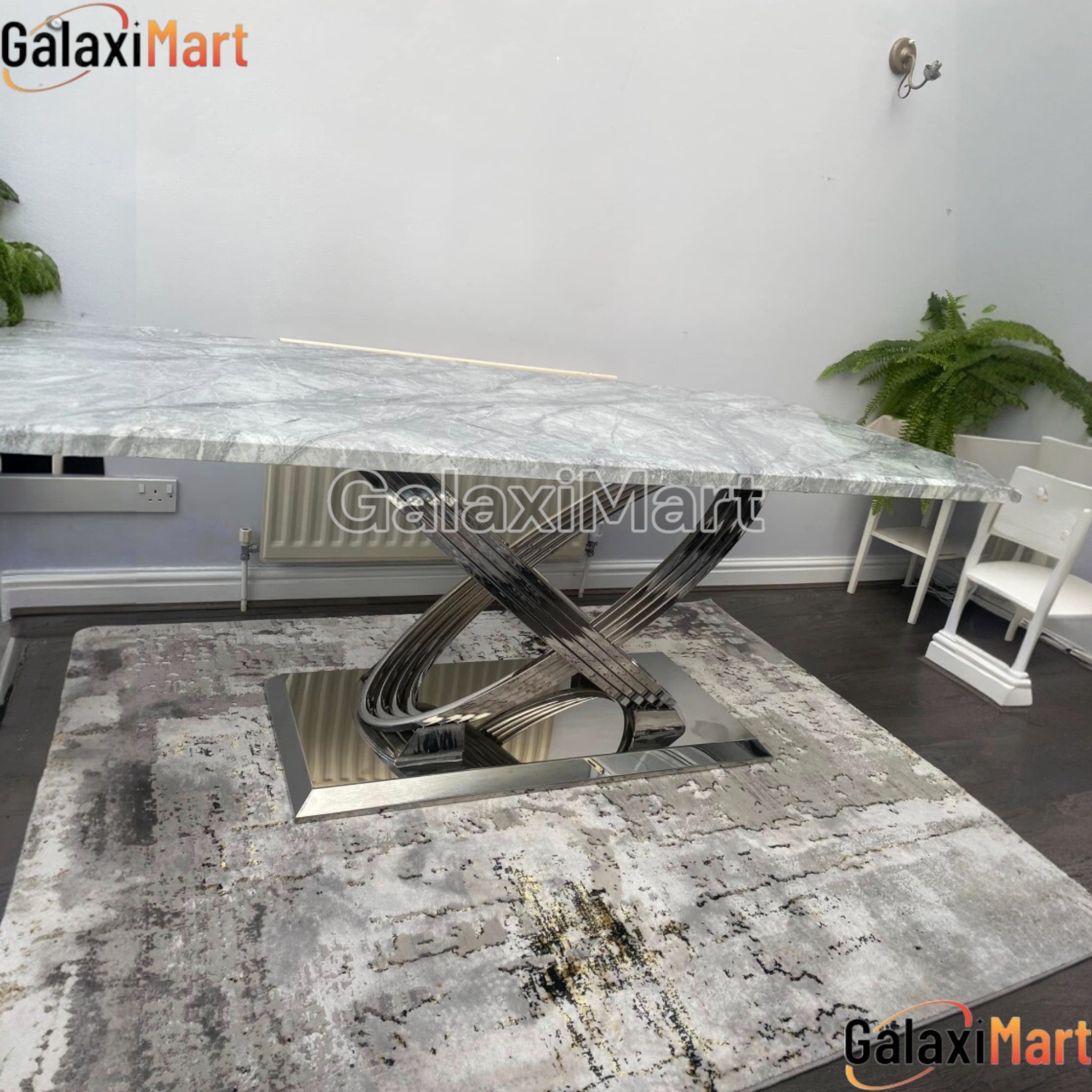 Elina 180cm Marble & Chrome Dining Table With Carlton Grey Velvet Chrome Chairs