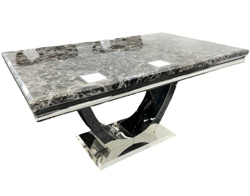 White Marble Dining Set with PU Leather Lion Knocker Chairs