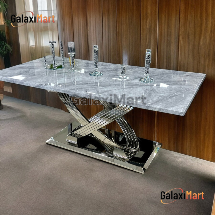 Elina Grey Marble Dining Table with Buttoned Back Velvet Dining Chairs – Luxury Dining Set