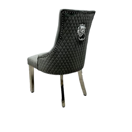 Elina 180cm Grey Marble Dining Table with Lion Knocker Grey Velvet Dining Chairs – Luxury Dining Set