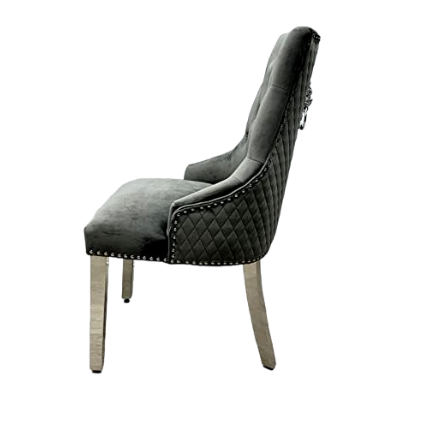 Elina 180cm Grey Marble Dining Table with Lion Knocker Grey Velvet Dining Chairs – Luxury Dining Set