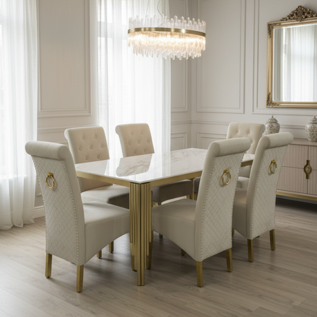 Elegant dining room with a table and chairs in a stylishly decorated room.