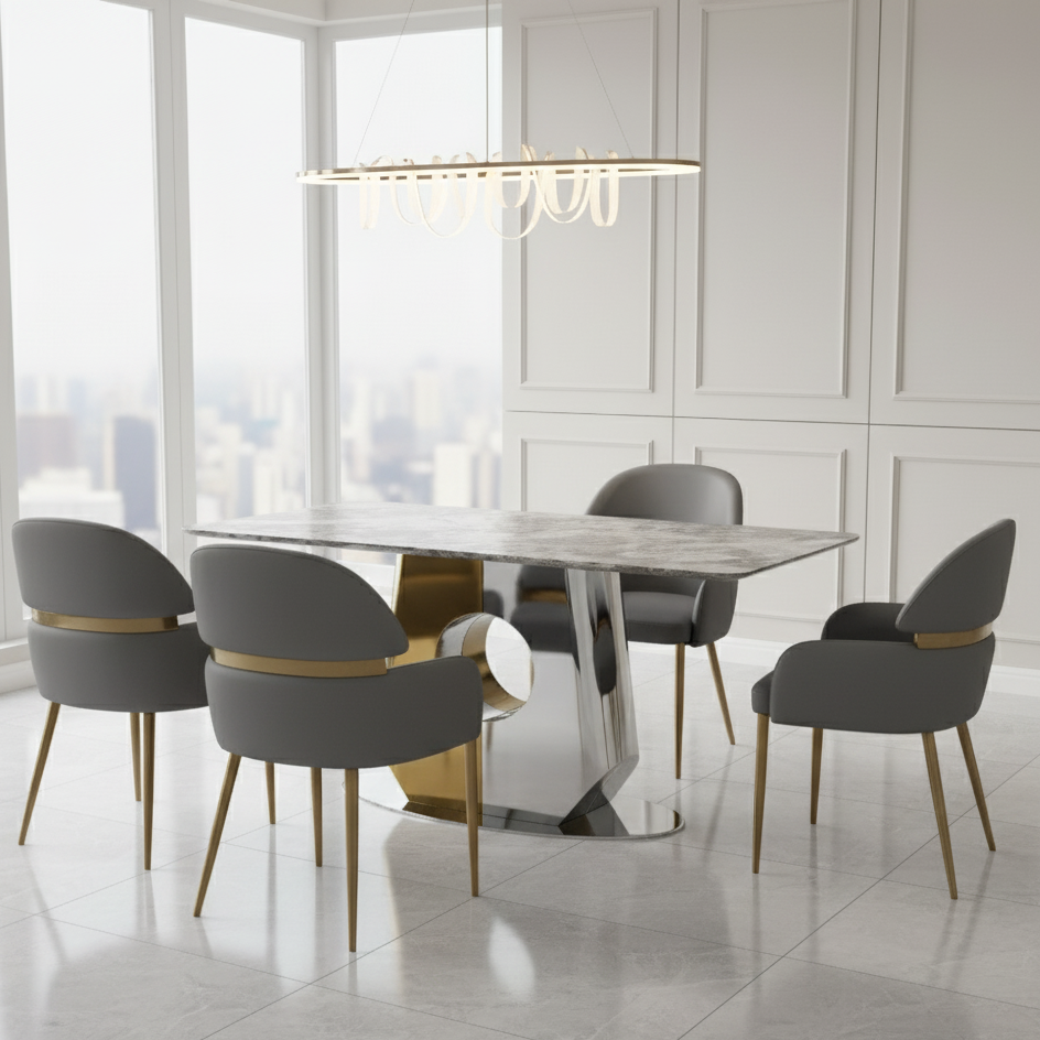 Modern dining room with a marble table and gray chairs in a bright room.