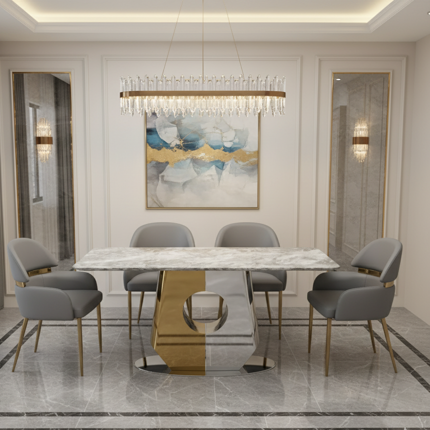 Modern dining room with a marble table and gray chairs, featuring a chandelier and abstract art on the wall.