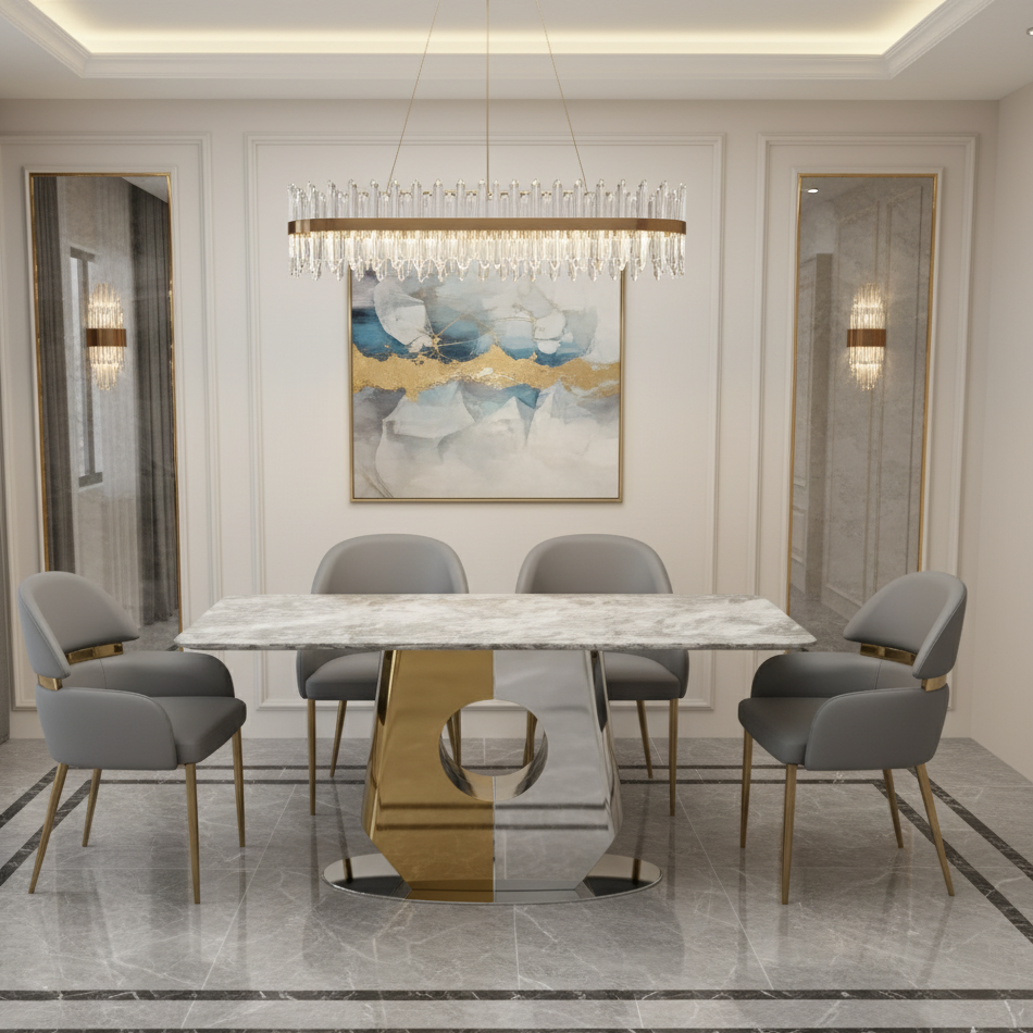 Modern dining room with a marble table and gray chairs, featuring a chandelier and abstract art on the wall.