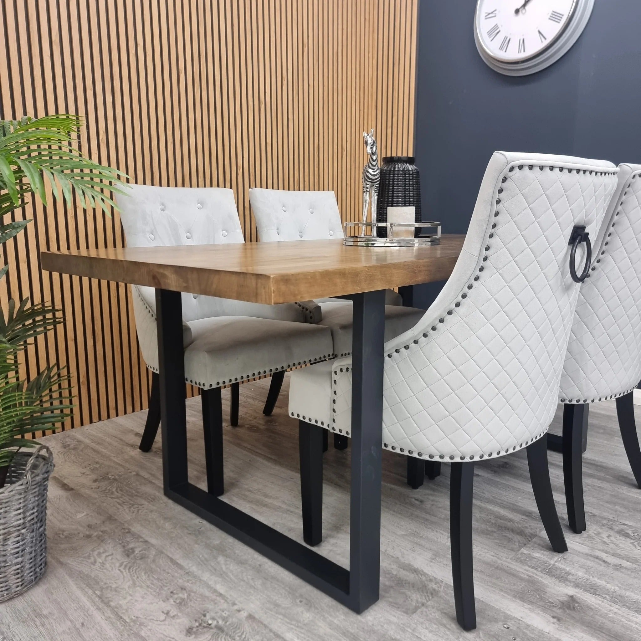 4 Seater Round White Marble Dining Set with Velvet Knocker Chairs