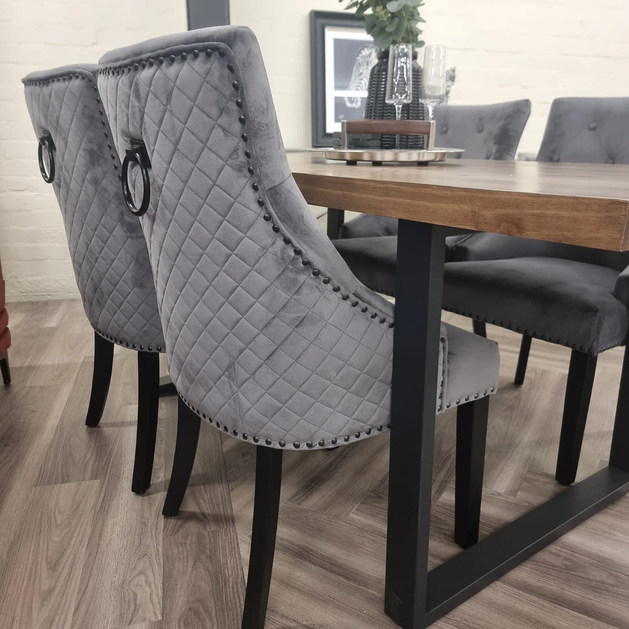 4 Seater Round White Marble Dining Set with Velvet Knocker Chairs