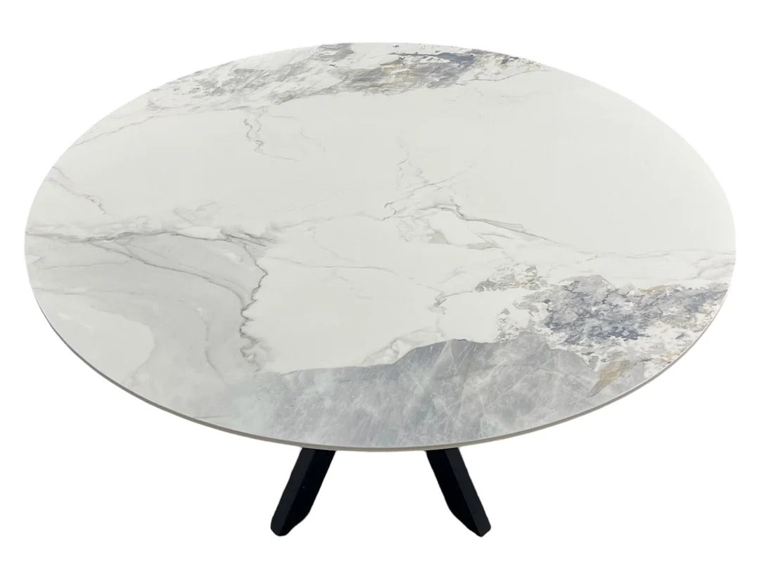 4 Seater Round White Marble Dining Set with Velvet Knocker Chairs