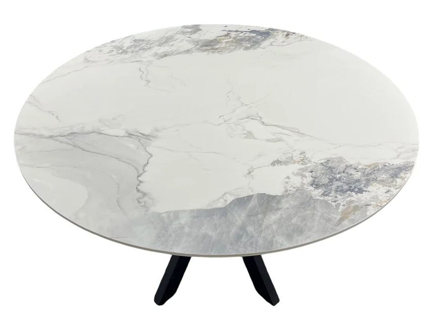 4 Seater Round White Marble Dining Set with Velvet Knocker Chairs
