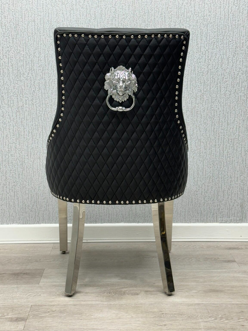White Marble Dining Set with PU Leather Lion Knocker Chairs