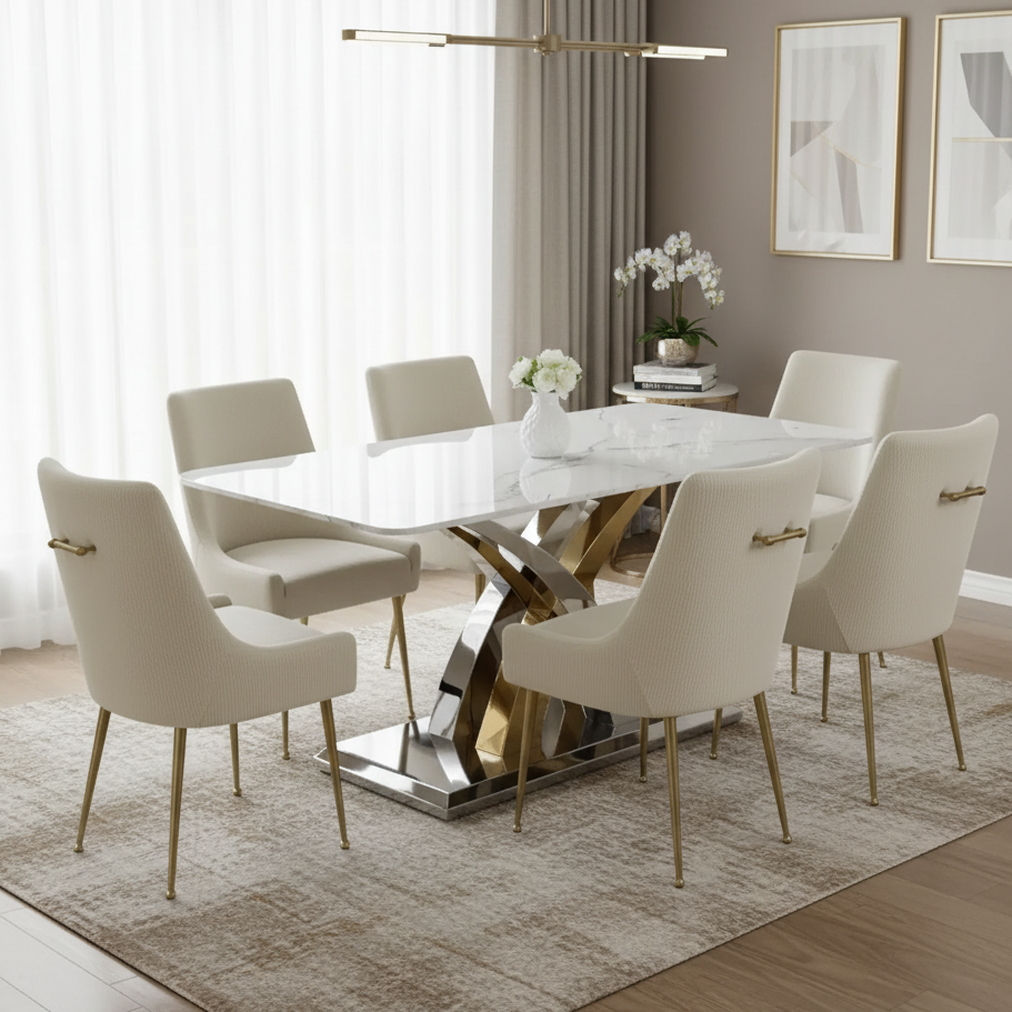 Modern dining room with a marble table and beige chairs.