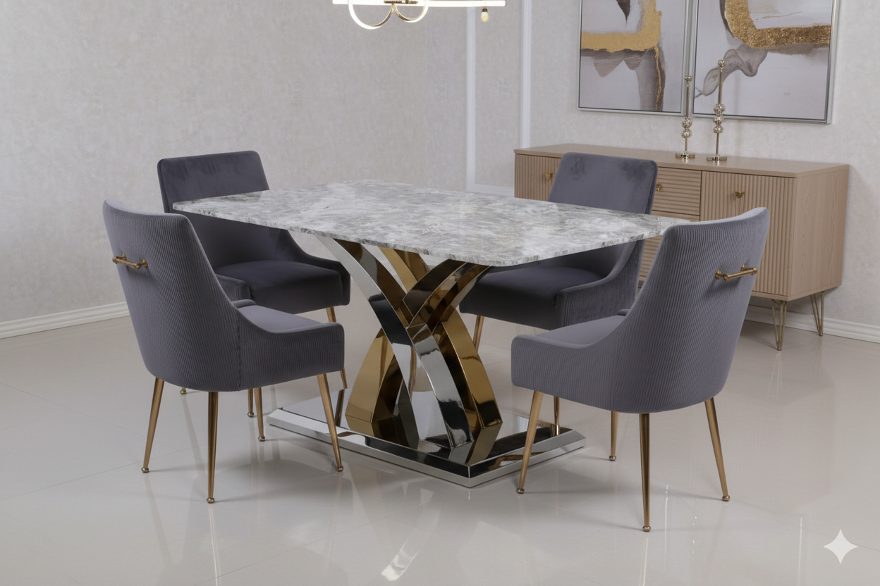 Dining room with a marble table and gray chairs in a modern interior setting.