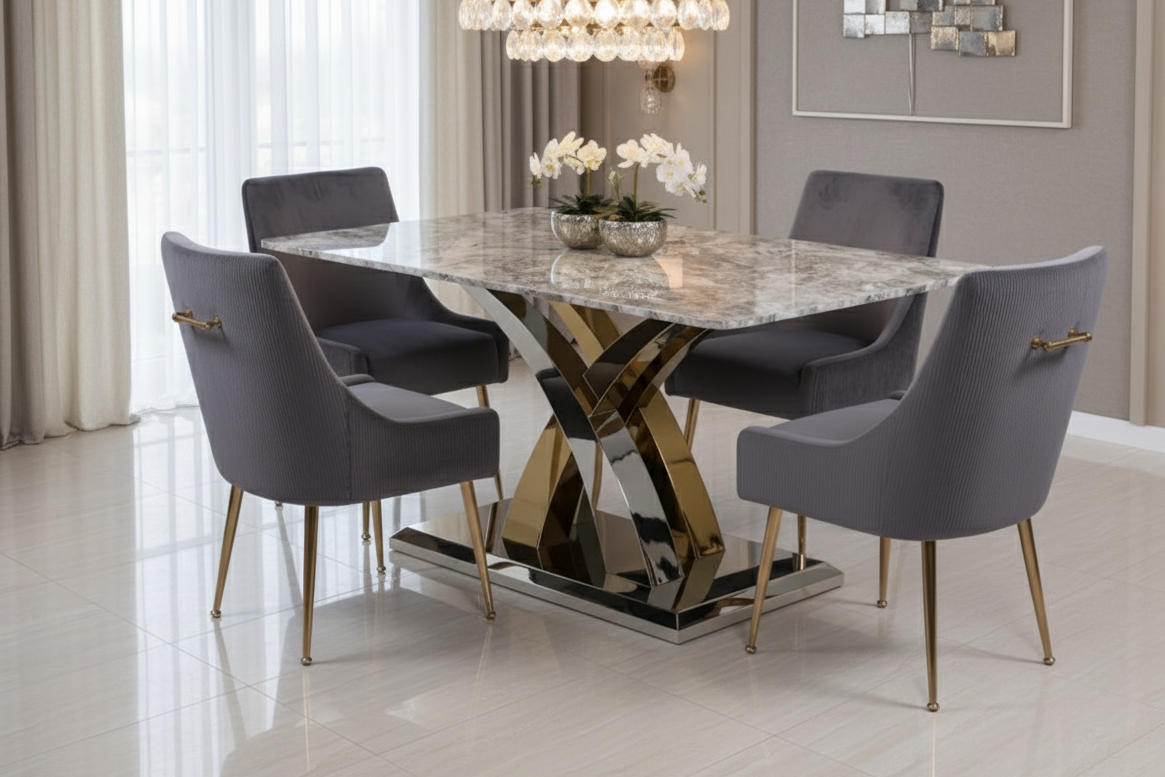 Dining room with a marble table and gray chairs in a modern interior setting.