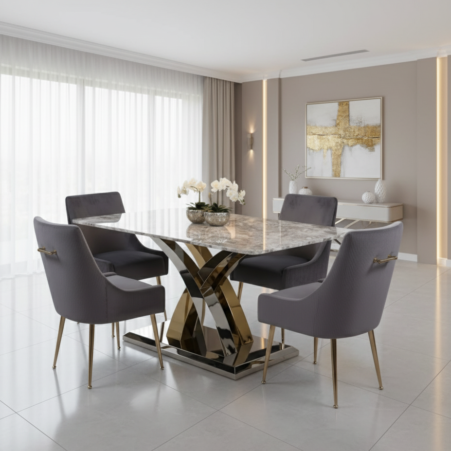 Modern dining room with a marble table and gray chairs.