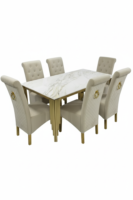 Dining table set with marble top and beige chairs on a white background
