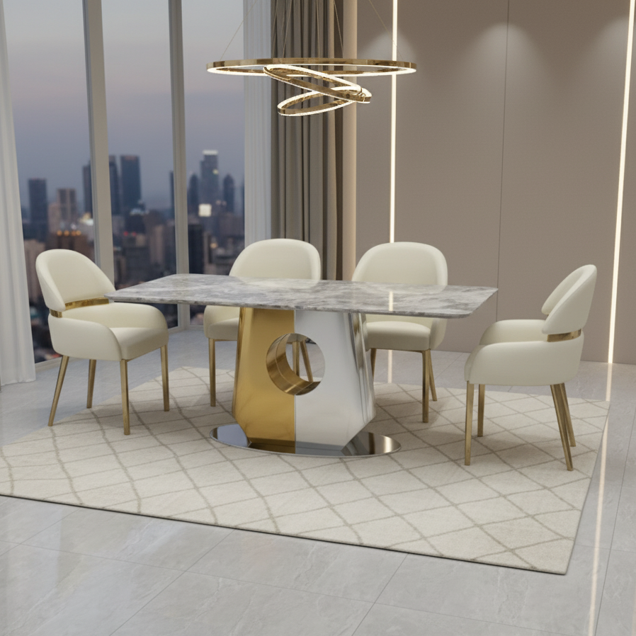 Modern dining room with a marble table and chairs in a stylish interior.