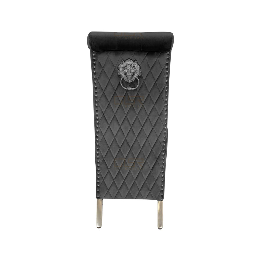 Elina 180cm Grey Marble Dining Table With High Back Lion Knocker Black Velvet Dining Chairs