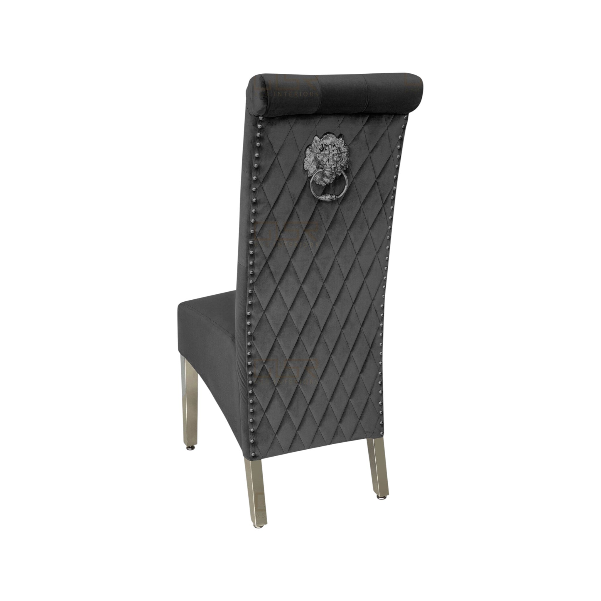 Elina 180cm Grey Marble Dining Table With High Back Lion Knocker Black Velvet Dining Chairs