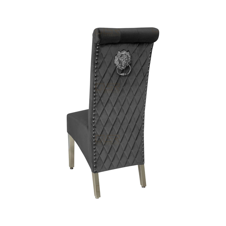 Elina 180cm Grey Marble Dining Table With High Back Lion Knocker Black Velvet Dining Chairs