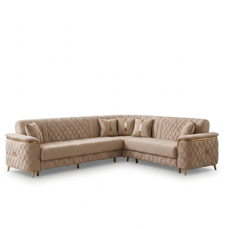 Turkish Bellway Cream Corner Sofa Bed with Gold - Luxury L-Shape Sleeper & Storage