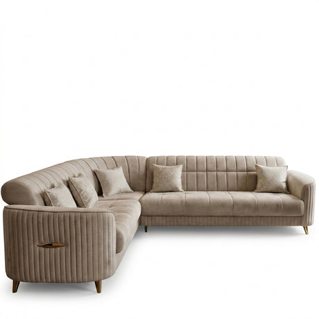 Turkish Key Perra Cream Corner Sofa Bed with Gold - Luxury L-Shape Sleeper & Storage