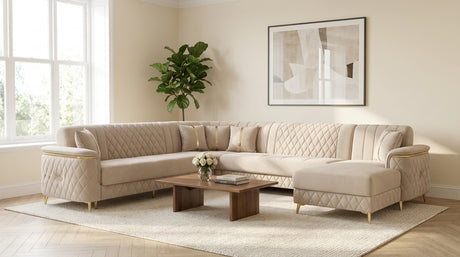Turkish Bellway Cream Corner Sofa Bed with Gold - Luxury L-Shape Sleeper & Storage