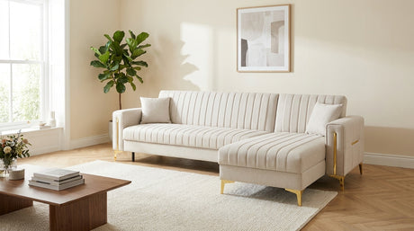 Turkish Key Perra Cream Corner Sofa Bed with Gold - Luxury L-Shape Sleeper & Storage