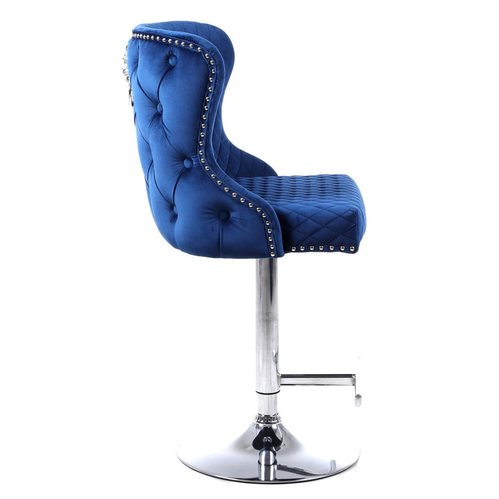 Valentino Navy Velvet Deep Tufted Lion Head Bar Stool – Quilted Luxury Kitchen Bar Chair