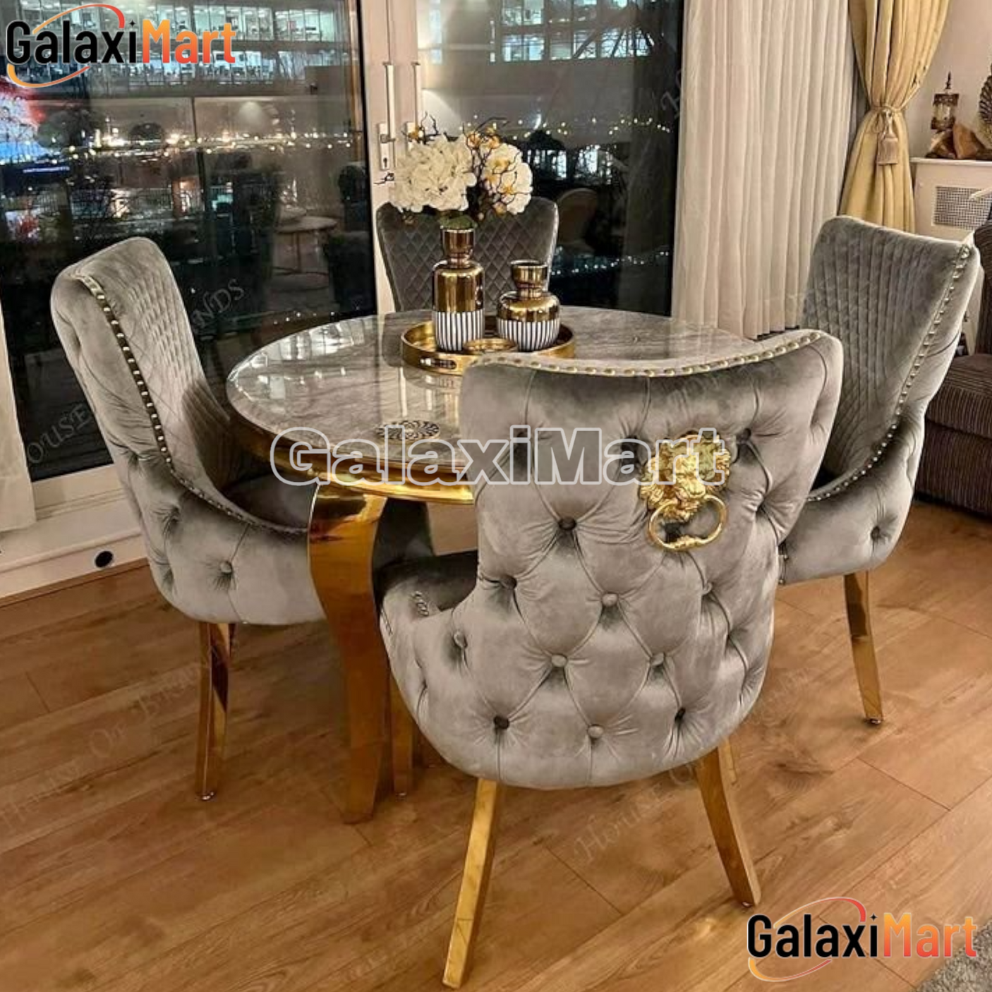 Louis 130cm Grey & Gold Round Marble Dining Table With Grey & Gold Velvet Dining Chairs