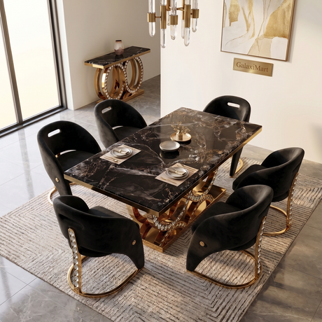 Modern dining room with a marble table and black chairs on a patterned rug.