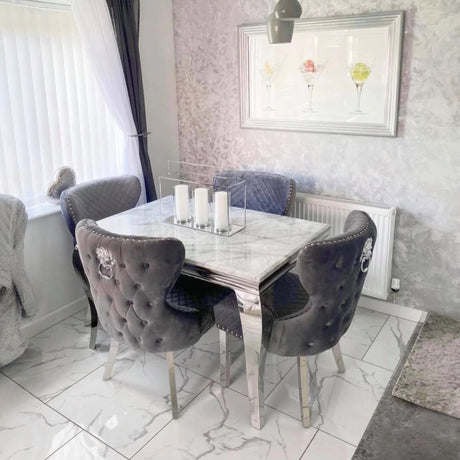 Louis White Marble Dining Table With set of  Valentino Dark Grey Lion Knocker Velvet Dining Chairs