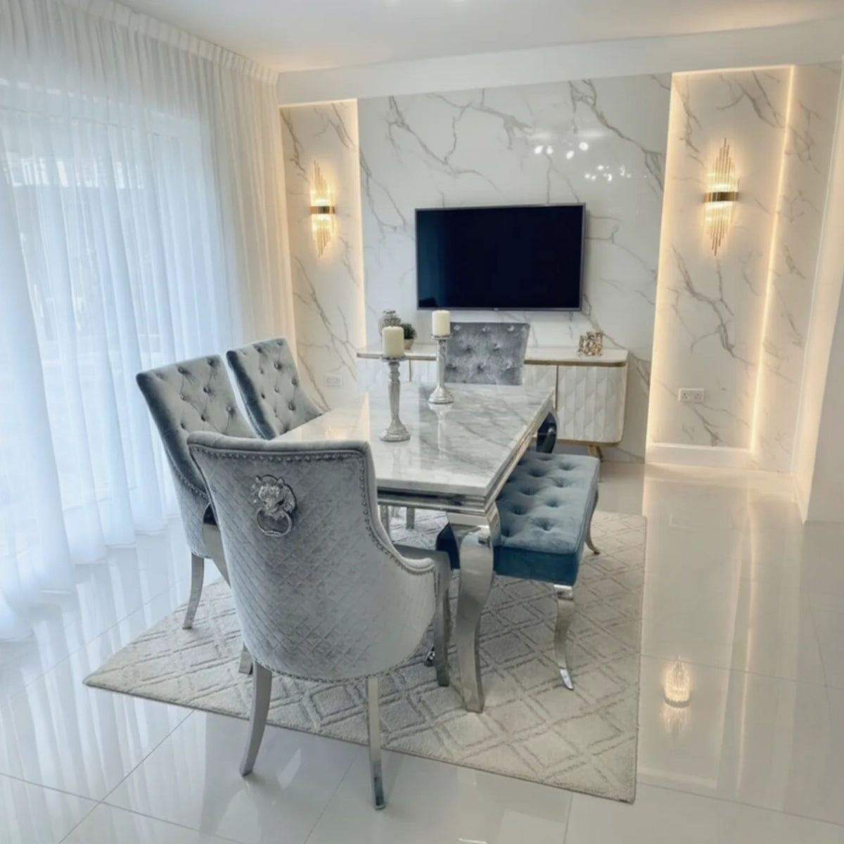 Louis 180cm grey marble table with silver grey chairs and bench