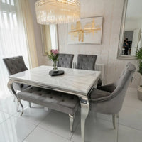 Louis 160cm grey marble table with ring knocker chairs and bench