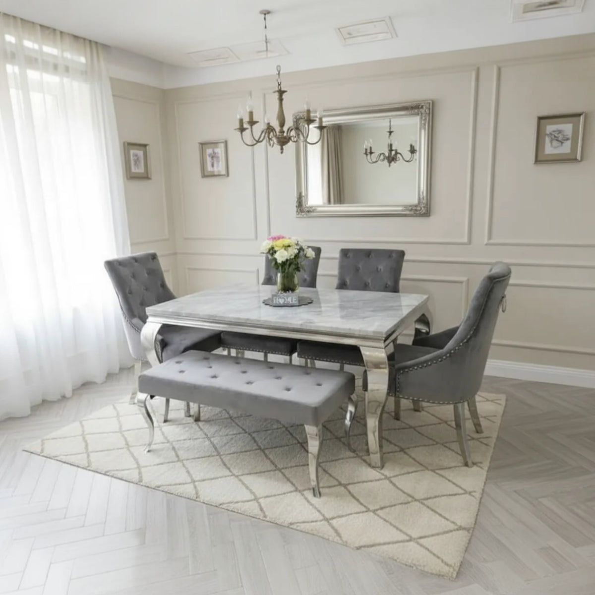 Louis 160cm white marble with grey ring knocker chairs and bench