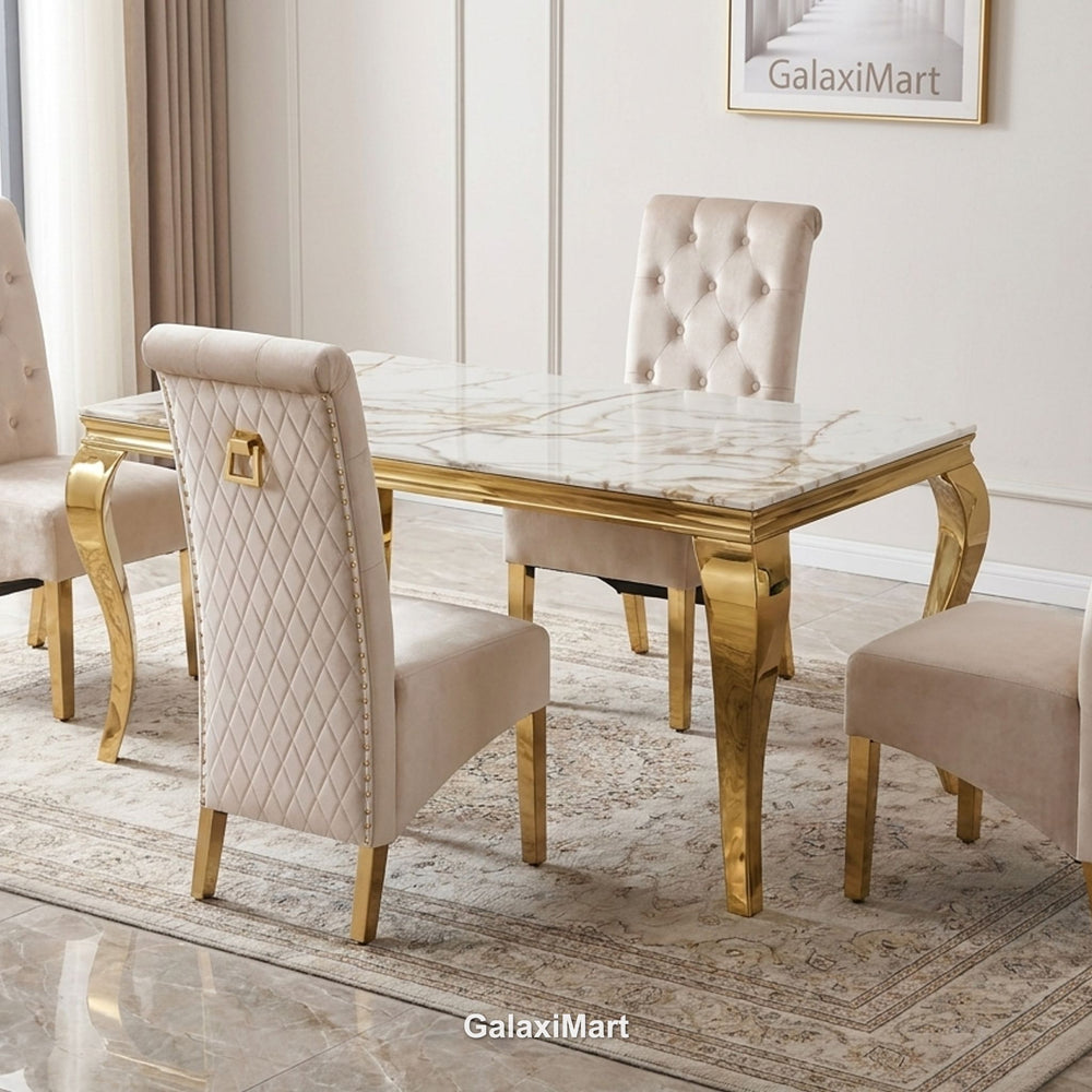 Louis White Gold Marble Dining Table Set | Sofia Cream Velvet Gold Ring Knocker Chairs | Luxury Glam Dining Set | 4 to 8 Seater | 5 Size Options