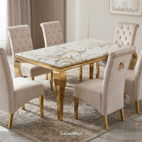 Louis White Gold Marble Dining Table Set | Sofia Cream Velvet Gold Ring Knocker Chairs | Luxury Glam Dining Set | 4 to 8 Seater | 5 Size Options - White & Gold | 120cm x 80cm Marble Table | 4 Chairs