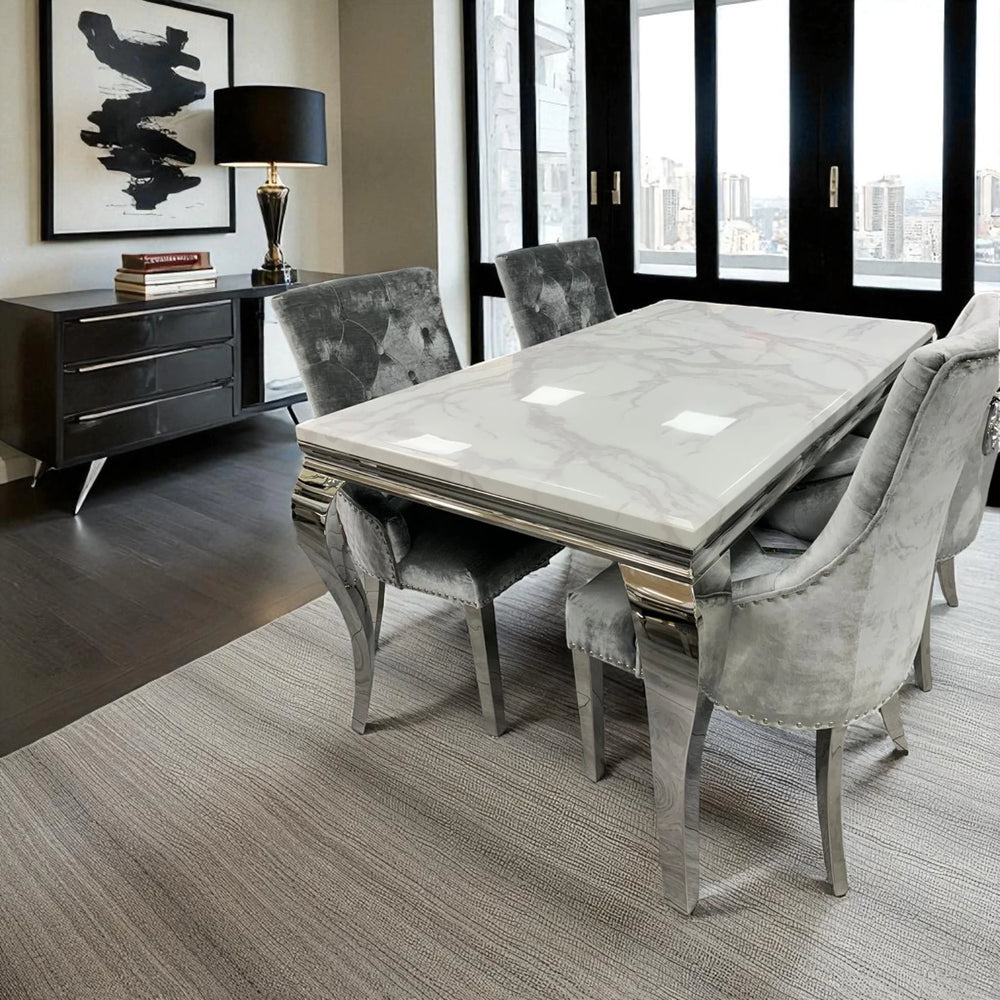 Louis 150cm White Marble Dining Table With Plush Velvet Dining Chairs