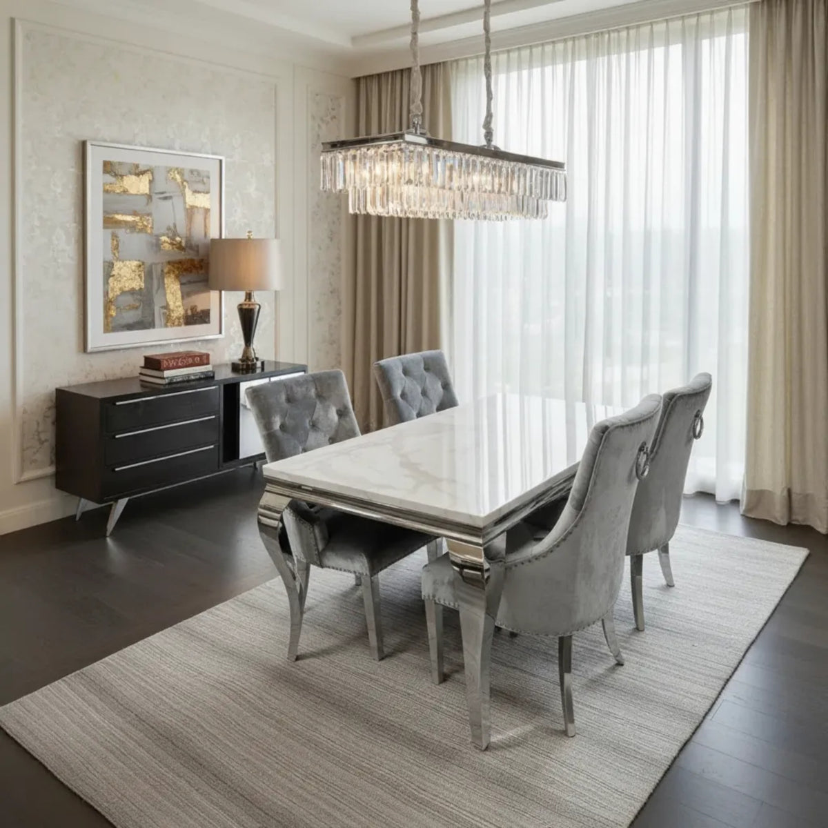 Louis 150cm white marble with silver grey velvet chairs