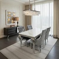Louis 150cm white marble with silver grey velvet chairs