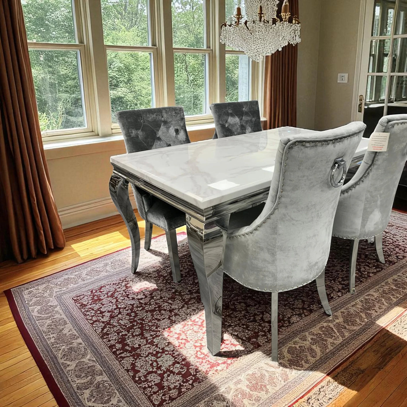 Louis 150cm White Marble Dining Table With Set of Plush Velvet Dining Chairs