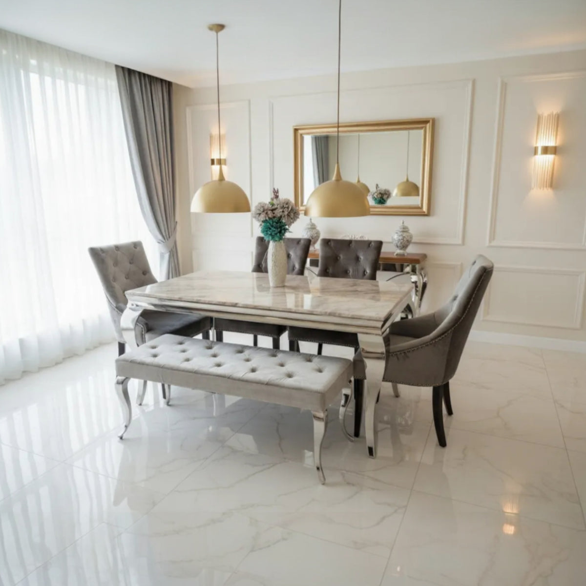 Louis 150cm grey marble with silver grey knocker chairs and bench