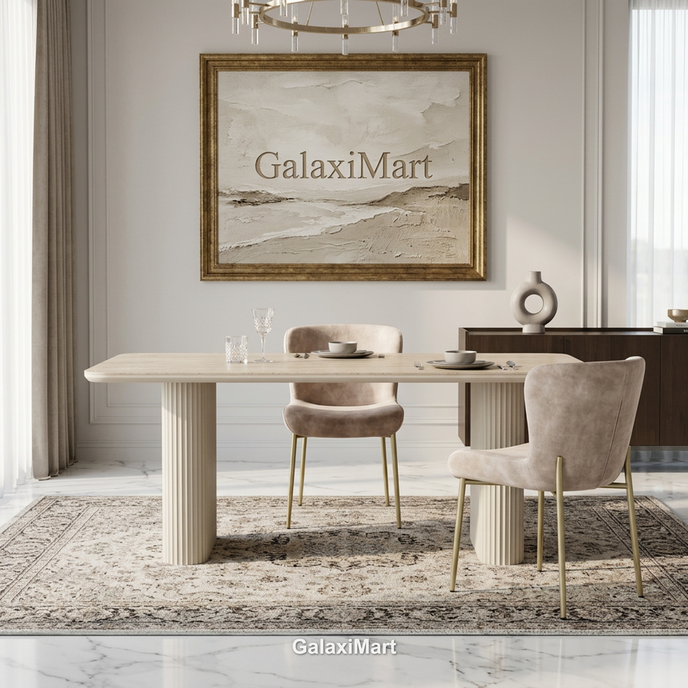 Marlow 180cm Satin Cream & Travertine Dining Table with Pietra Champagne Chairs