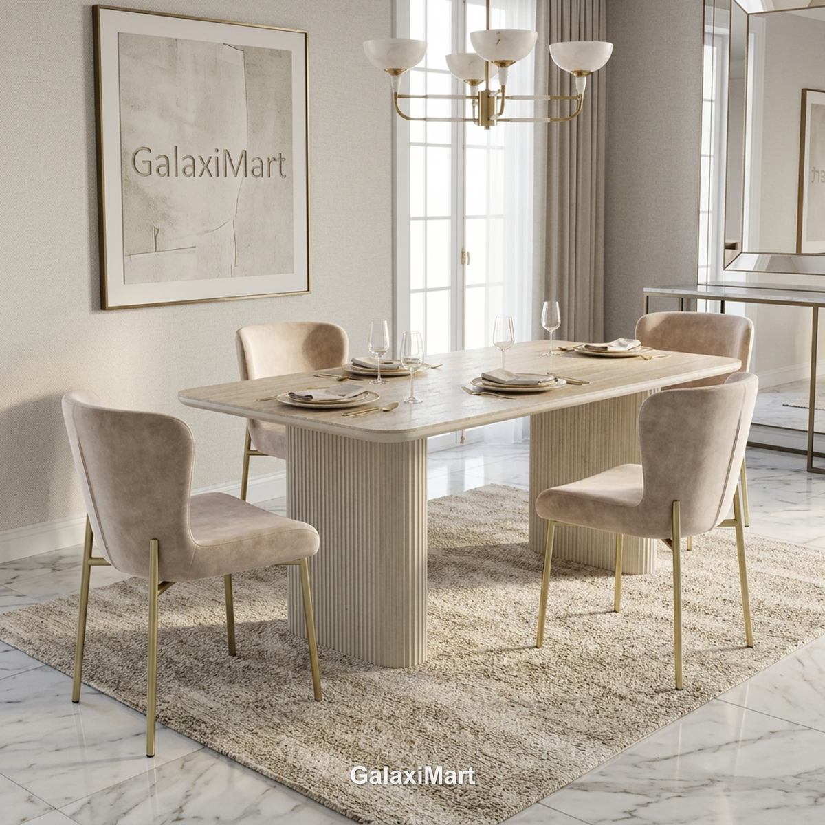 Dining room with a Marlow 180cm Satin Cream & Travertine Dining Table with Pietra Champagne Chairs, and a chandelier, featuring GalaxiMart branding.
