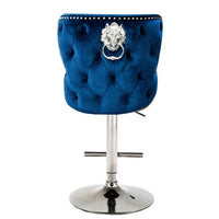 Valentino navy velvet deep tufted lion head bar stool, front view