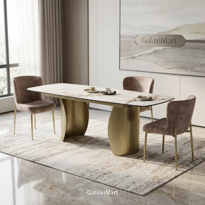 Dining room with a  Palazzo 200–300cm Matt White Italian Ceramic Extending Dining Table with Pietra Champagne Dining Chairs in a modern room, featuring GalaxiMart branding.