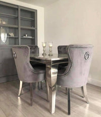 Louis 120cm grey marble table with grey ring knocker chairs
