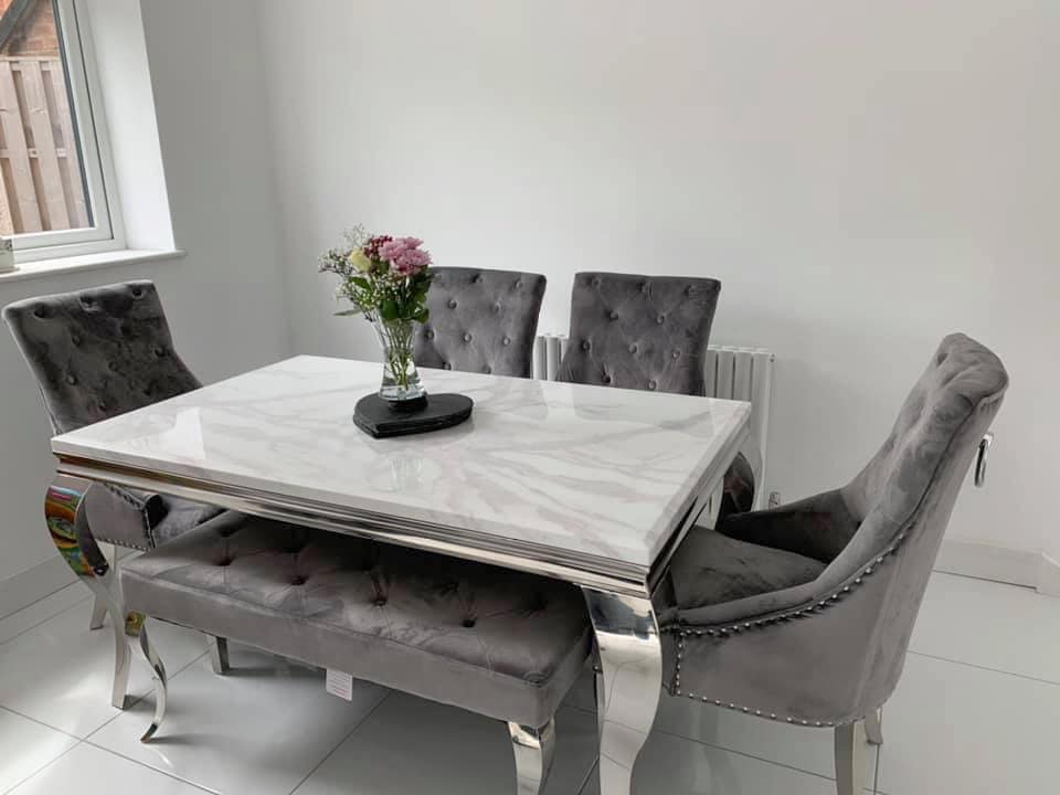 Louis 160cm White Marble Dining Table With 4 Grey Ring Knocker Dining Chairs and Matching 110cm Bench