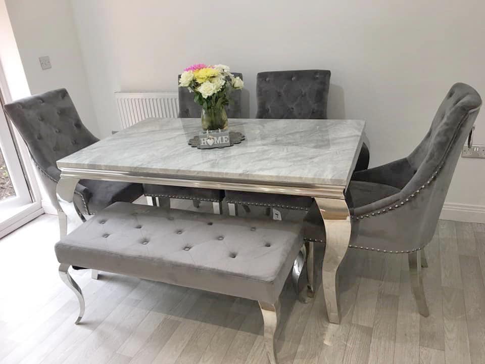 Louis 160cm Grey Marble Dining Table with 4 Grey Ring Knocker Chairs & 130cm Matching Bench