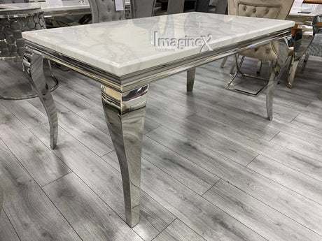Louis 160cm White Marble Dining Table With 4 Grey Ring Knocker Dining Chairs and Matching 110cm Bench