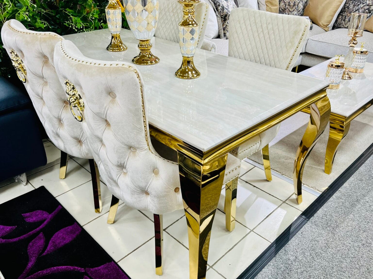 Louis 120cm cream marble table with Valente cream chairs